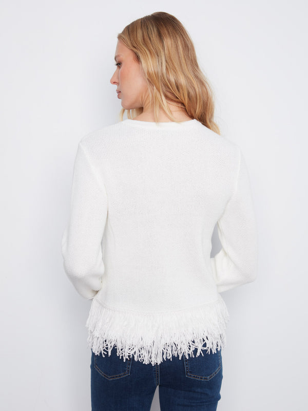 Fringe Hem Crew Neck Sweater - Ecru