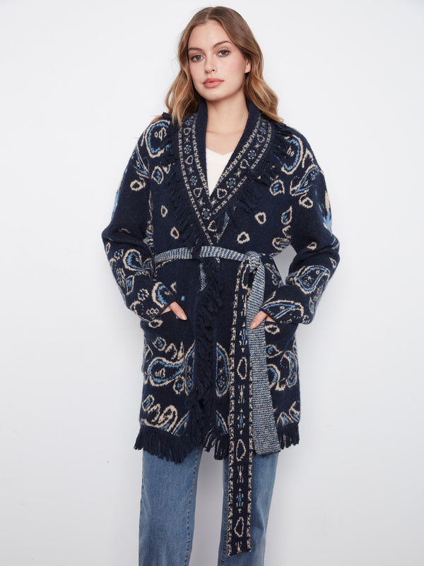 Fringed Belted Cardigan - Navy