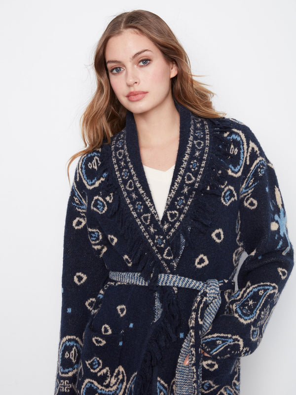 Fringed Belted Cardigan - Navy