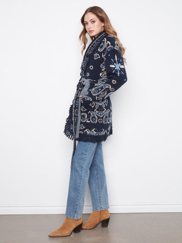 Fringed Belted Cardigan - Navy