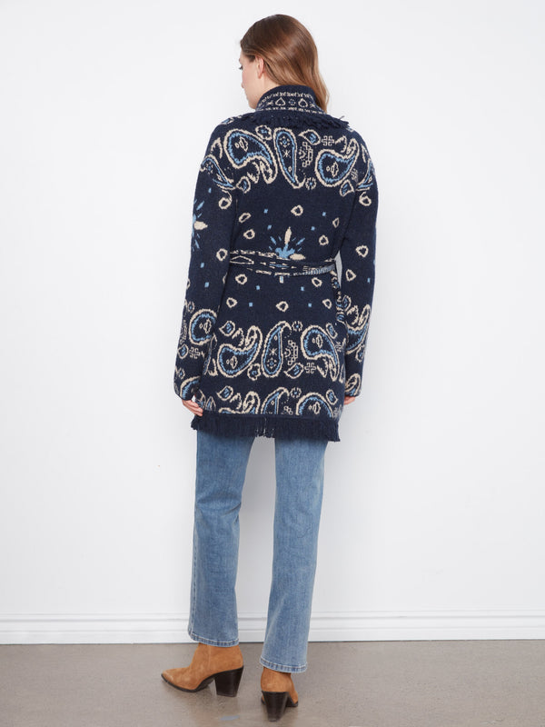 Fringed Belted Cardigan - Navy
