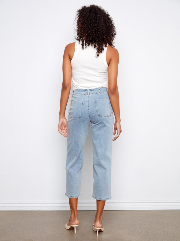 Front Button-Fly Crop Jeans - Light Blue