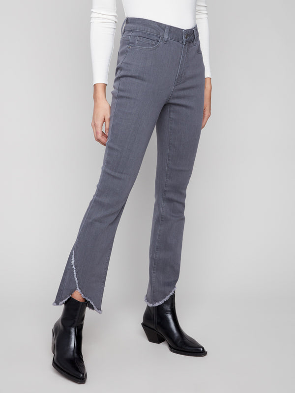 These grey jeans offer a front tulip hem and five-pocket style, crafted from stretch denim by Charlie B.