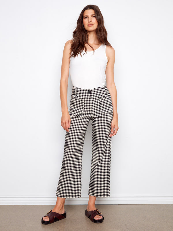 Gingham Cropped Linen Blend Pants - Vichy