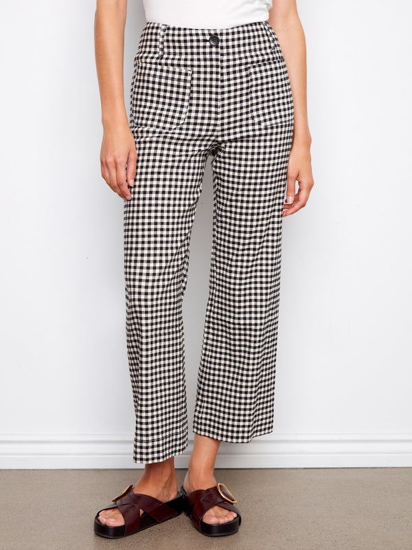 Gingham Cropped Linen Blend Pants - Vichy