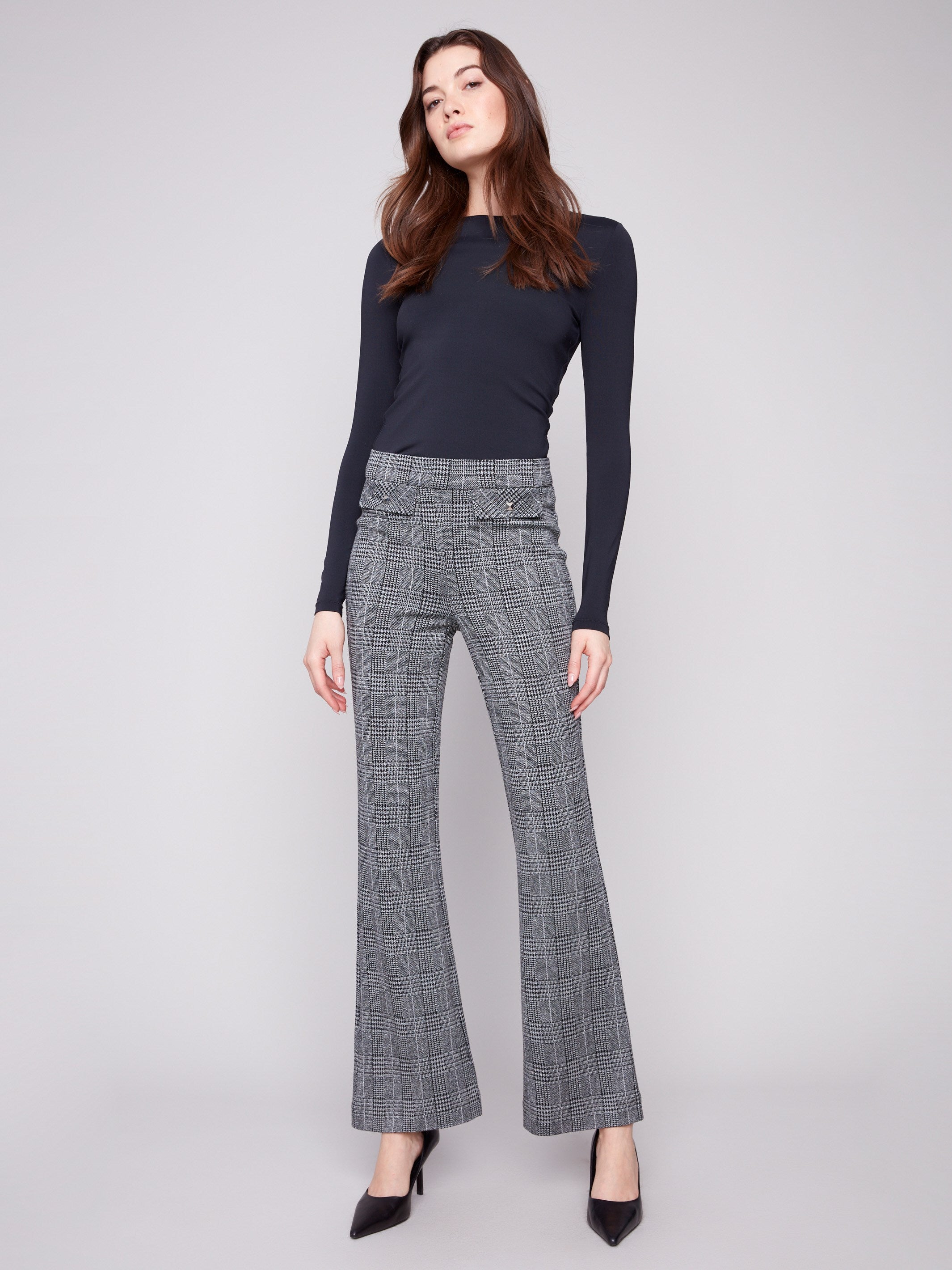 Charcoal glen plaid pants with a mid-rise waist, crafted for comfort and elegance by Charlie B.