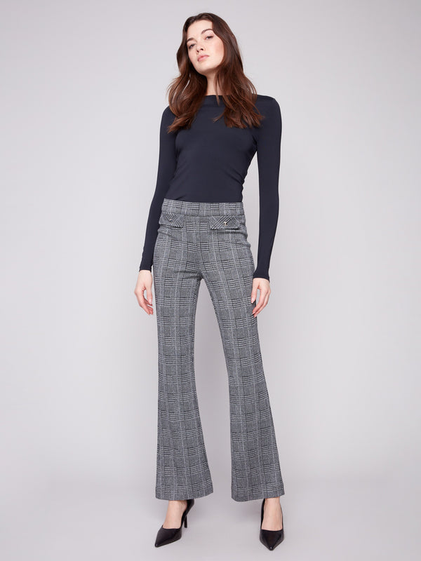 Charcoal glen plaid pants with a mid-rise waist, crafted for comfort and elegance by Charlie B.