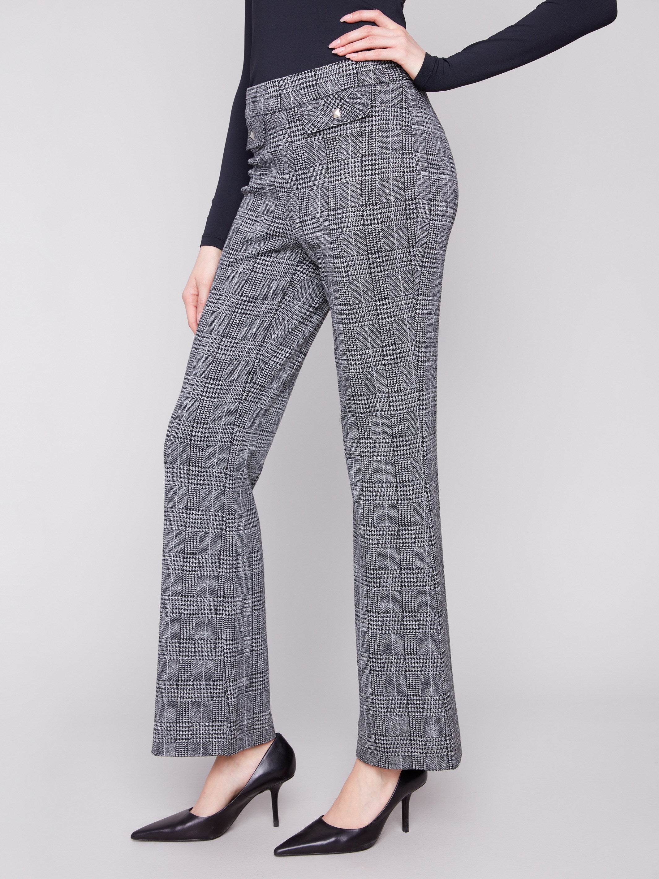 Glen plaid flare pants with faux studded flap pockets add a touch of sophistication by Charlie B.