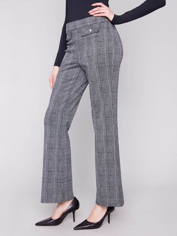 Glen plaid flare pants with faux studded flap pockets add a touch of sophistication by Charlie B.