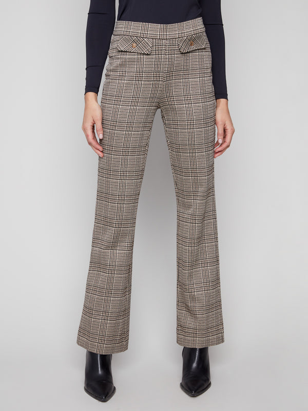 These stylish plaid pants feature faux studded flap pockets for a chic detail by Charlie B.