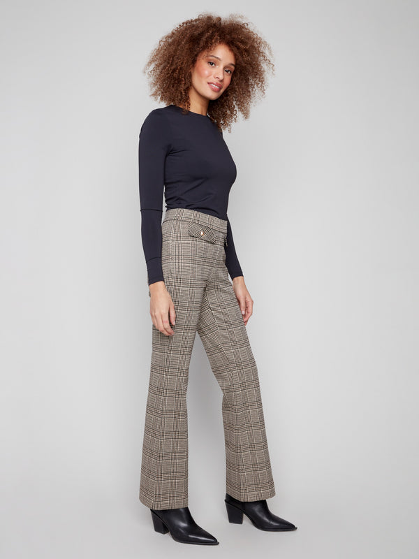 Experience the luxurious feel of Lurex thread in these classic plaid flare pants by Charlie B.