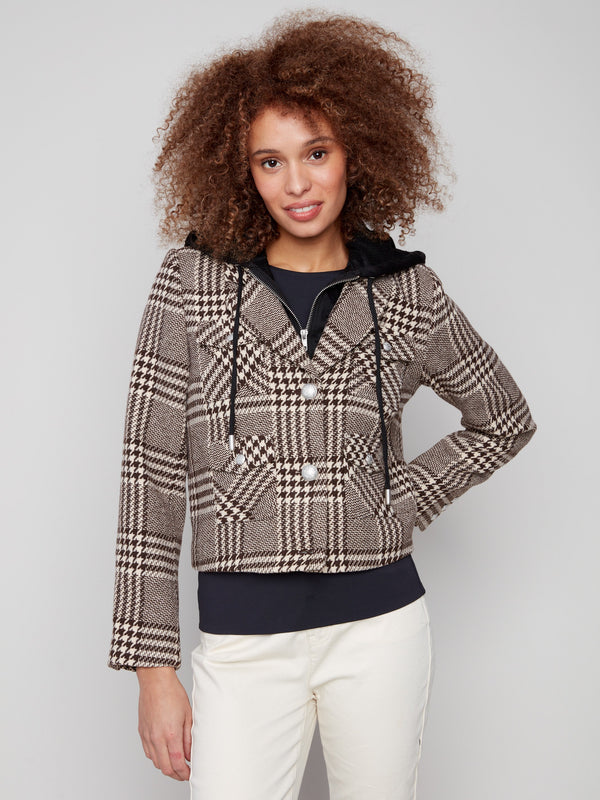 Mocha plaid jacket featuring a practical hood with drawstrings for added style and comfort by Charlie B.