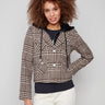 Mocha plaid jacket featuring a practical hood with drawstrings for added style and comfort by Charlie B.