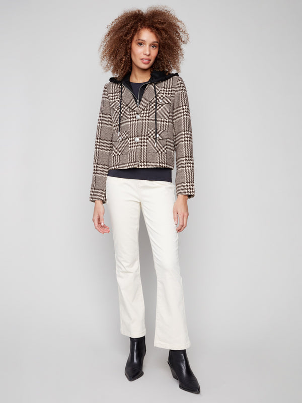 This mocha plaid jacket includes patch pockets with flaps, perfect for keeping essentials secure by Charlie B.