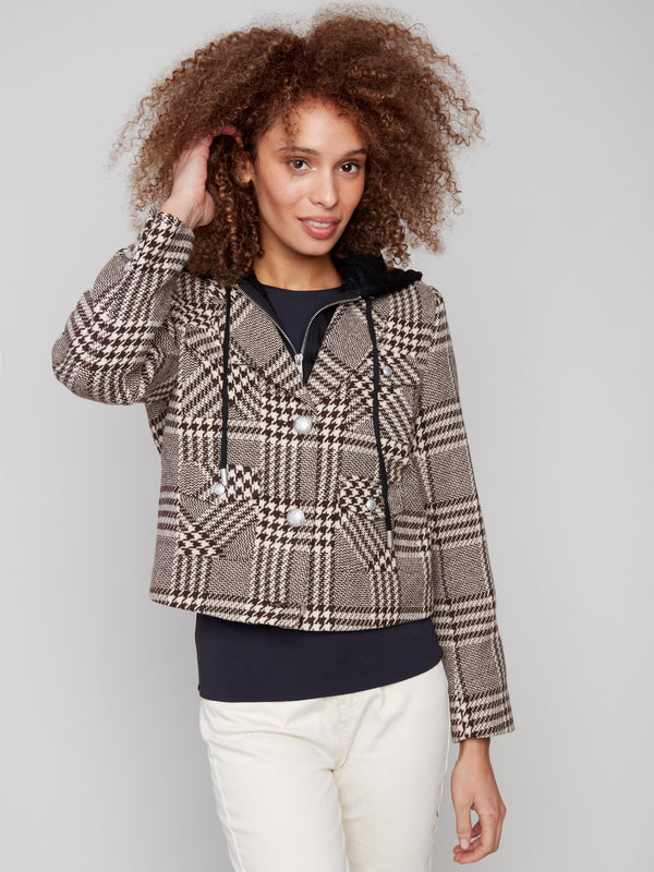 Mocha plaid jacket designed with elegant button cuffs, adding a touch of sophistication to the look by Charlie B.