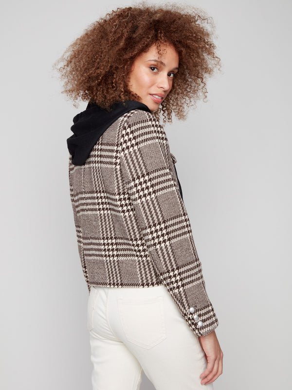 Chic mocha plaid jacket showcasing a secure front zipper and button closure for versatile wear by Charlie B.