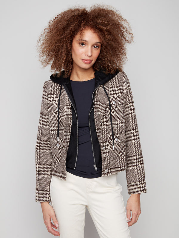 Stylish mocha plaid jacket highlighting the button cuffs detail, enhancing its classic appeal by Charlie B.