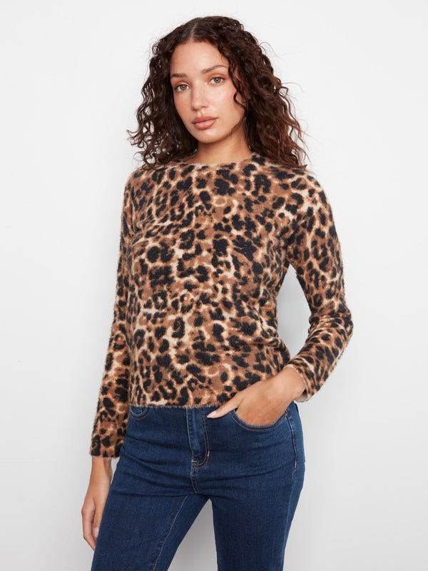 Hairy Knit Crew Neck Sweater - Cheetah