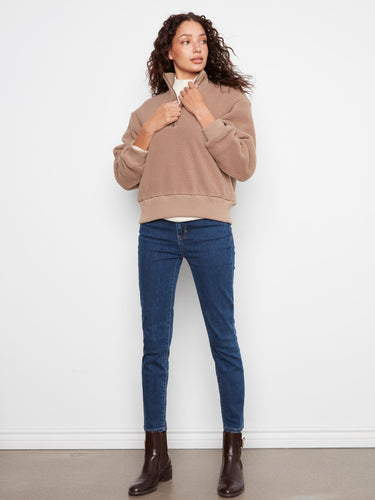 Relaxed fit taupe fleece pullover offering casual comfort by Charlie B.