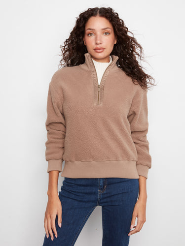 Taupe pullover in soft fleece fabric, perfect for layering by Charlie B.