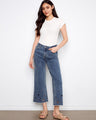 Medium blue jeans with a chic wide leg and heart cutouts, crafted from stretch denim for comfort by Charlie B.