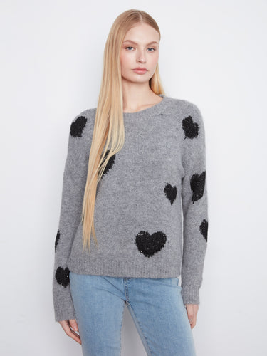 Grey sweater with heart embroidery featuring a classic crew neckline, perfect for casual wear. Designed by Charlie B.
