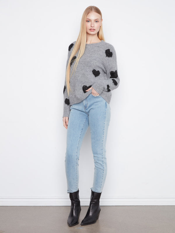Heart Embroidered Crew Neck Sweater - Med Heather Grey
