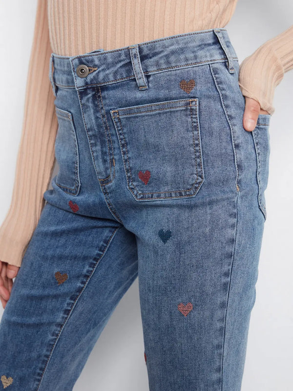 Heart Embroidered Flare Leg Jeans - Medium Blue