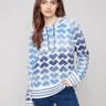 Blue and white sweater featuring a heart pattern with a drawstring hood for added style by Charlie B.