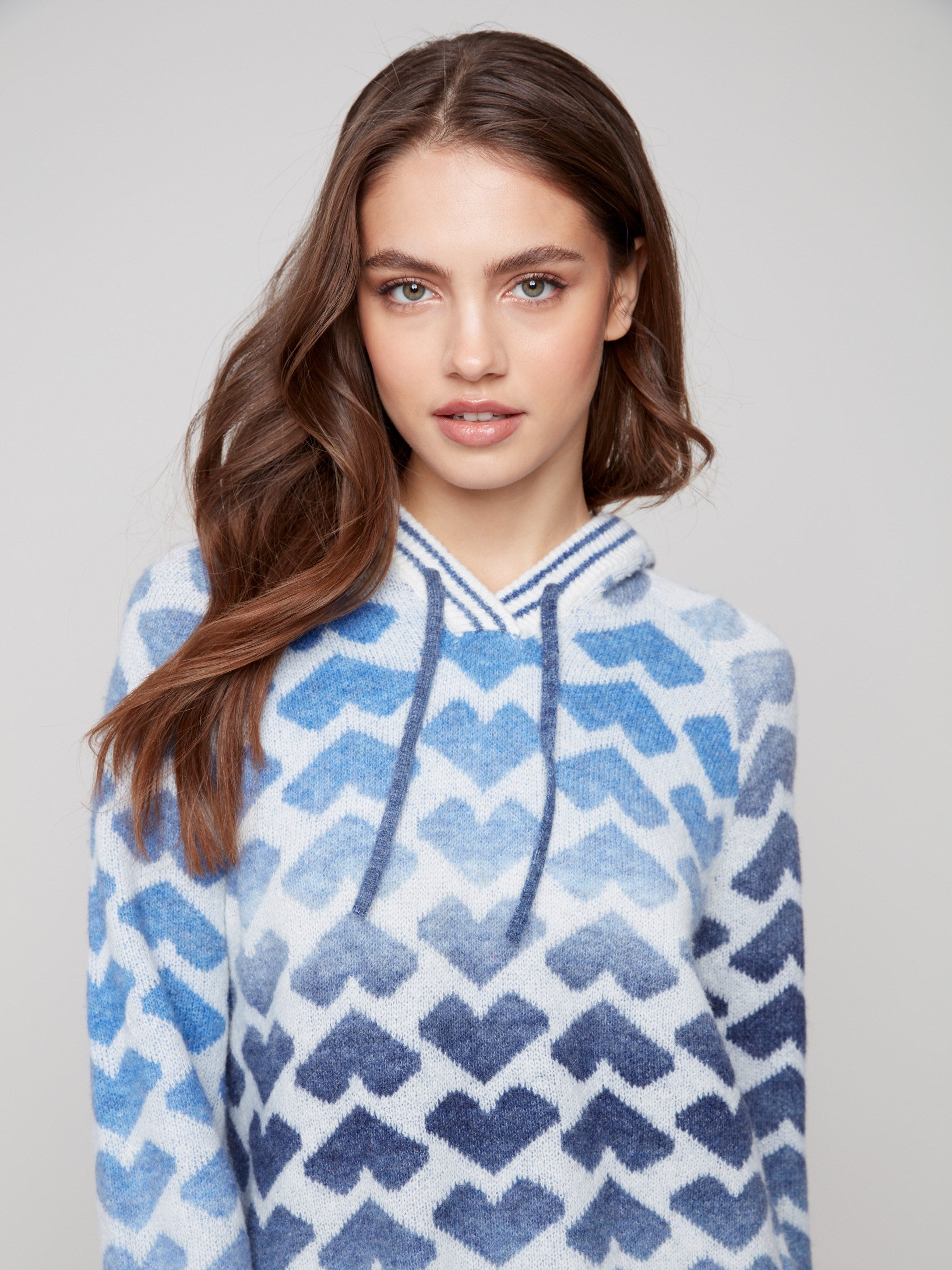 Charming blue and white sweater adorned with raglan sleeves and a delightful heart pattern by Charlie B.