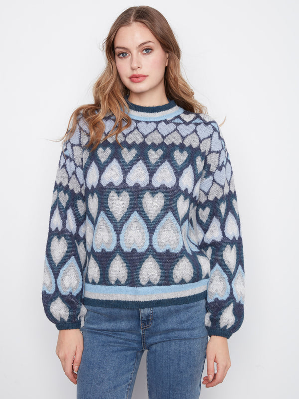 Heart Jacquard Mock Neck Sweater - Navy