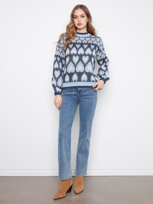 Heart Jacquard Mock Neck Sweater - Navy