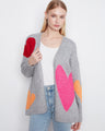 Heather-grey cardigan with colorful heart prints and drop shoulders, offering a relaxed fit by Charlie B.