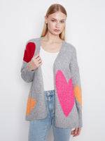 Heather-grey cardigan with colorful heart prints and drop shoulders, offering a relaxed fit by Charlie B.