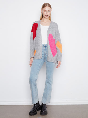 Stylish heather-grey cardigan featuring side seam pockets and vibrant heart designs by Charlie B.