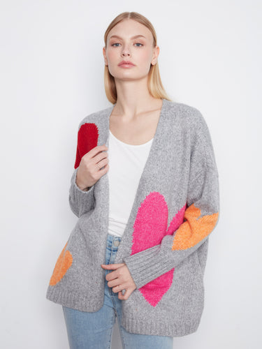 Cozy open-front cardigan in heather-grey with colorful hearts and a relaxed fit by Charlie B.