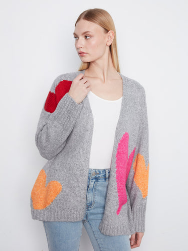 Chic heather-grey cardigan with vibrant heart prints, designed for comfort with side pockets by Charlie B.