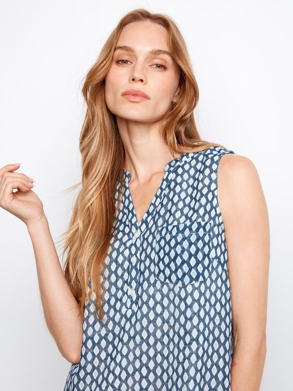 Comfortable dress showcasing a chest pocket and eye-catching geometric design by Charlie B.