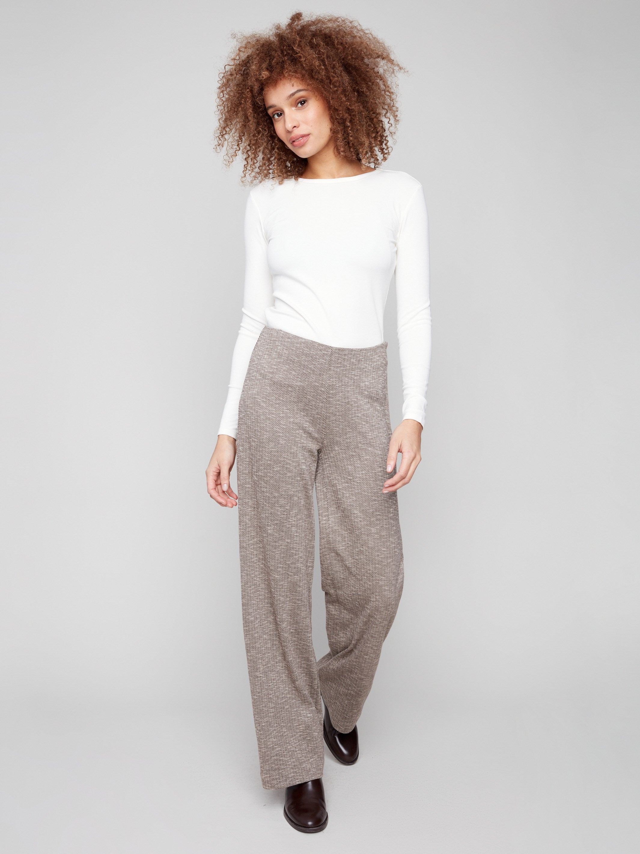 Mocha-colored herringbone pants with a wide leg design, offering a stylish side zipper closure by Charlie B.
