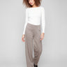 Mocha-colored herringbone pants with a wide leg design, offering a stylish side zipper closure by Charlie B.