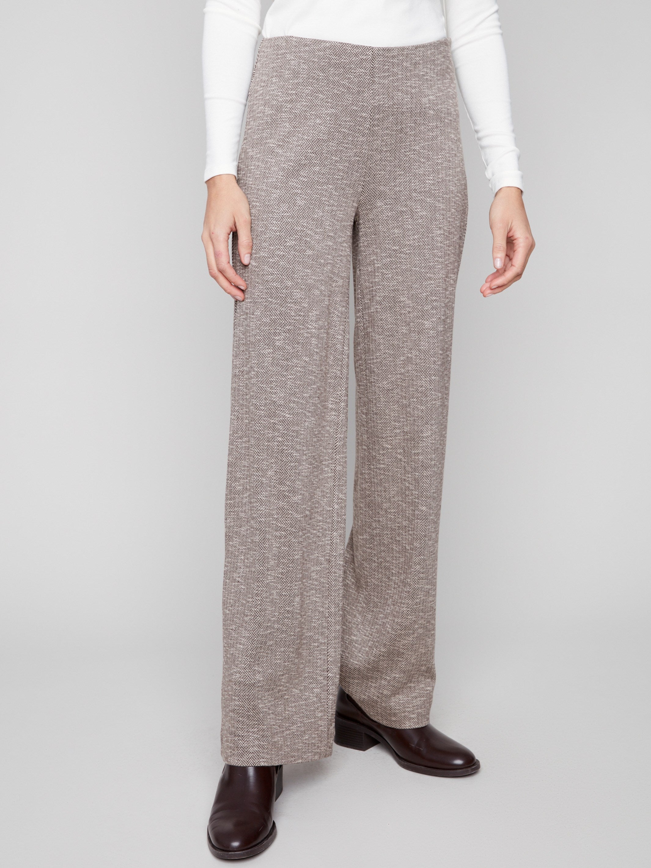 Elegant mocha pull-on pants in long length and stretch fabric for ultimate comfort and style by Charlie B.