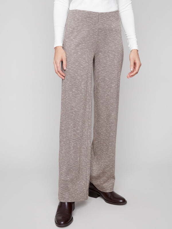 Elegant mocha pull-on pants in long length and stretch fabric for ultimate comfort and style by Charlie B.