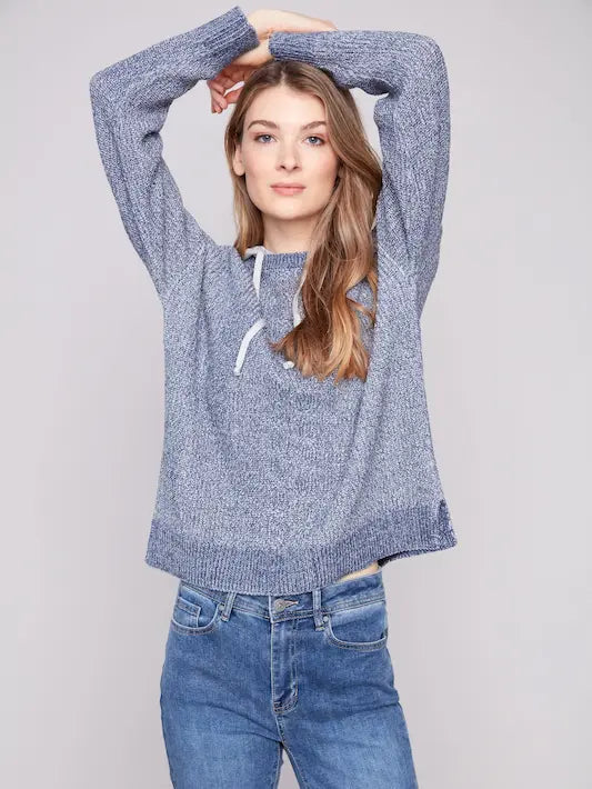 Hoodie Sweater With Front Cable Detail - Heather Denim