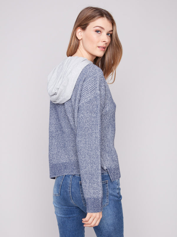 Denim-inspired hoodie sweater featuring a functional hood with drawstrings for versatility by Charlie B.