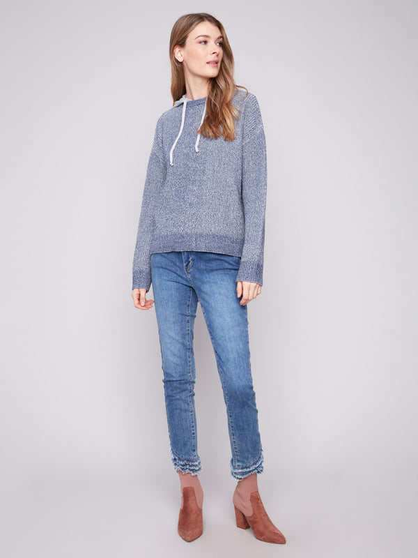 Hoodie Sweater With Front Cable Detail - Heather Denim