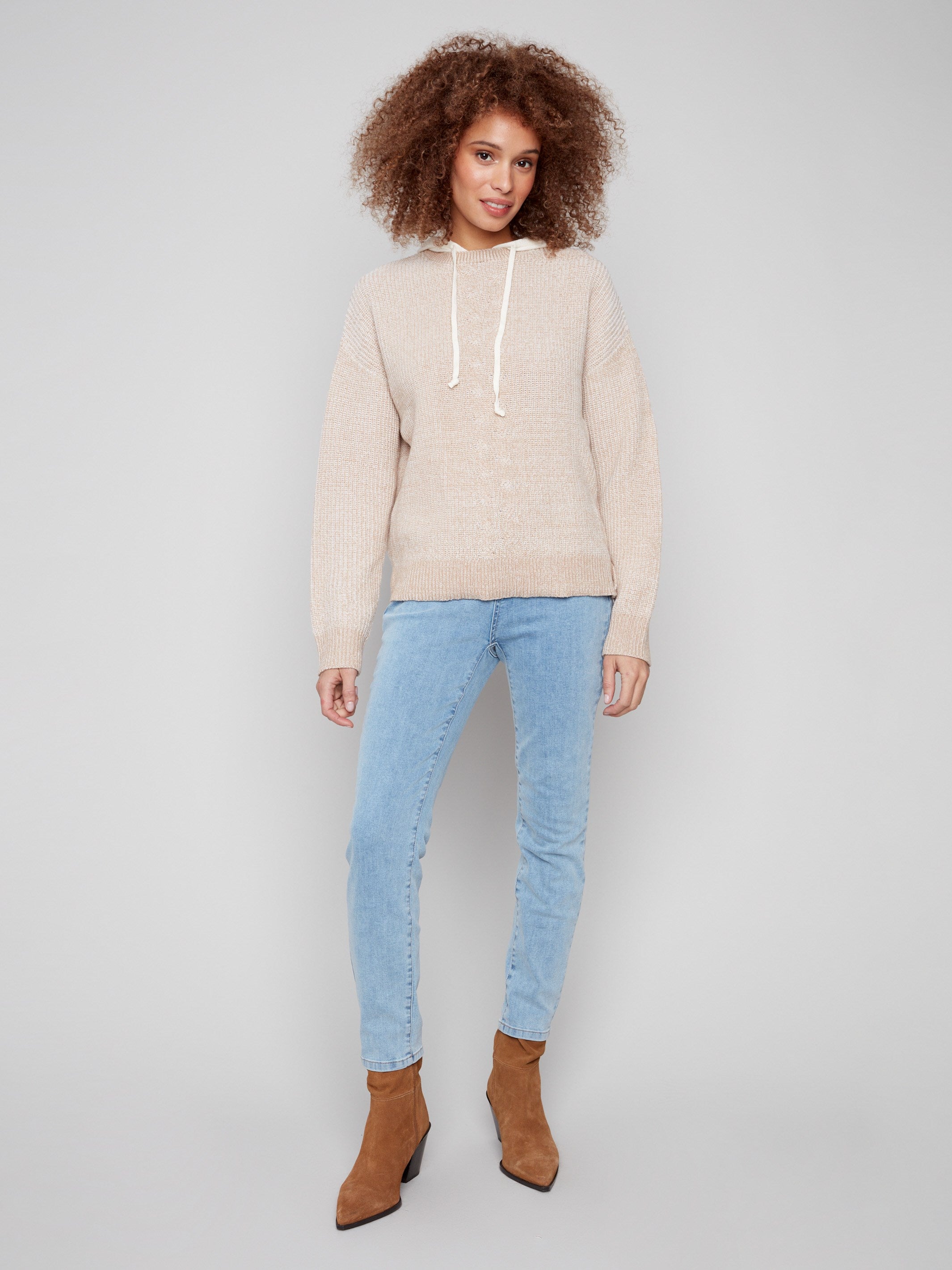 Stylish drop shoulder design enhances the relaxed fit of this heather sesame hoodie by Charlie B.