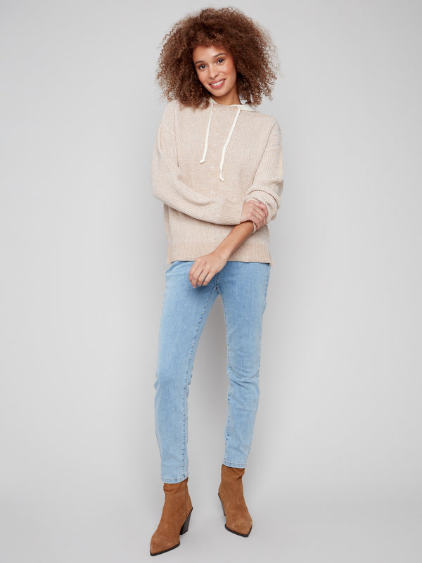 Hoodie Sweater With Front Cable Detail - Heather Sesame