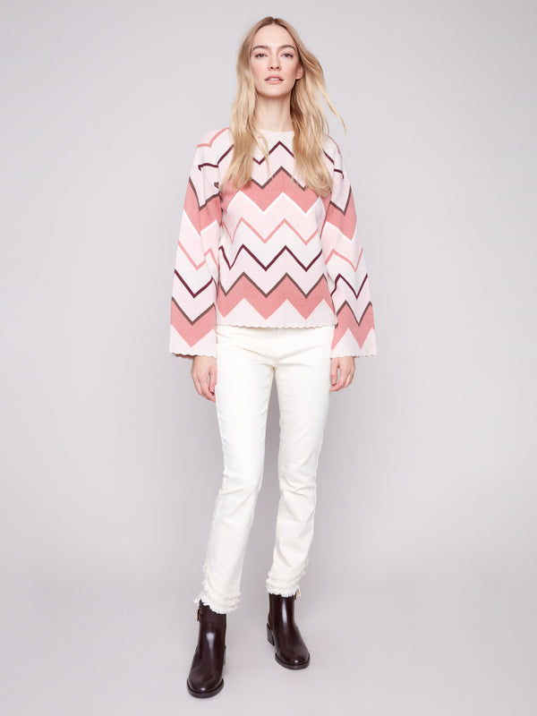 Jacquard Chevron Bell Sleeve Sweater - Ice Cream