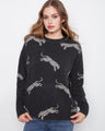 Black sweater with wildcat pattern and ribbed cuffs, featuring a stylish design by Charlie B.