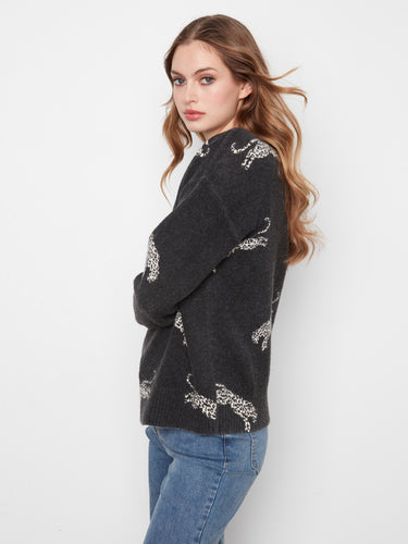 Stylish black sweater with crew neck and eye-catching wildcat design by Charlie B.